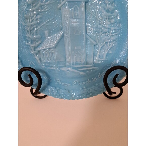 Vintage 1970 Blue Fenton Little Brown Church In The Vale Christmas Plate 8" - Picture 2 of 4